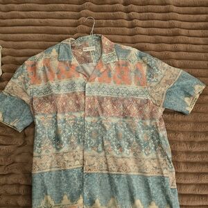 Zara Men's Blue and Orange Patterned Shirt